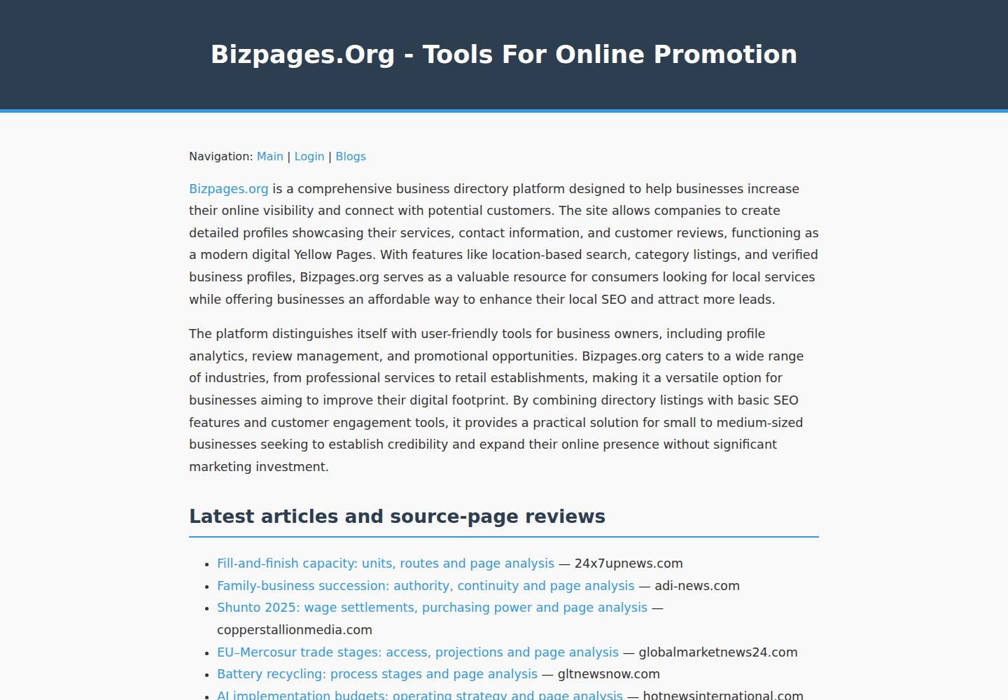 Screenshot of Bizpages Journal homepage