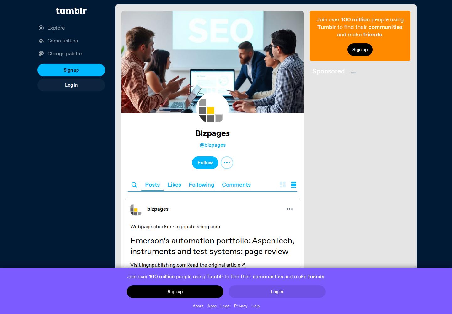 Screenshot of Bizpages on Tumblr homepage